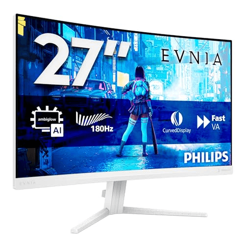 Carátula de Philips Evnia 27M2C5201L - Monitor Curvo para Juegos FHD de 27 Pulgadas, 180 Hz, 1 ms GtG, FreeSync Premium, AmbiGlow (1920 x 1080, 2 HDMI 2.0, 1 DP 1.4) Blanco para PC