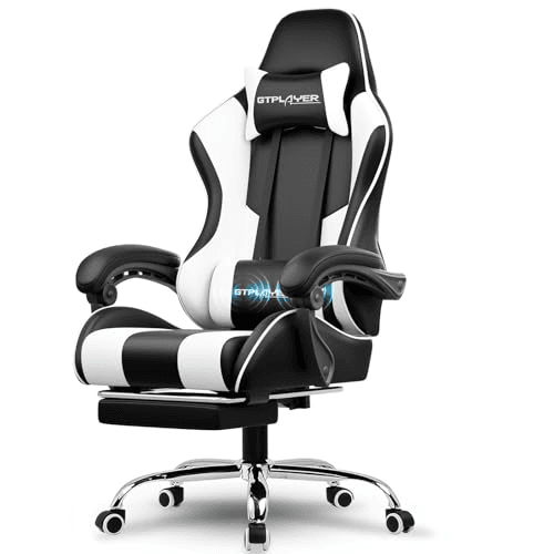 Carátula de GTPLAYER Silla Gaming con Masajeador Ergonómica Silla Gamer con Reposapiés Reposacabeza, Silla de Oficina Ergonómica, Soporte Lumbar, Silla Juego Ajustable en Altura, Blanco para Multiplataforma
