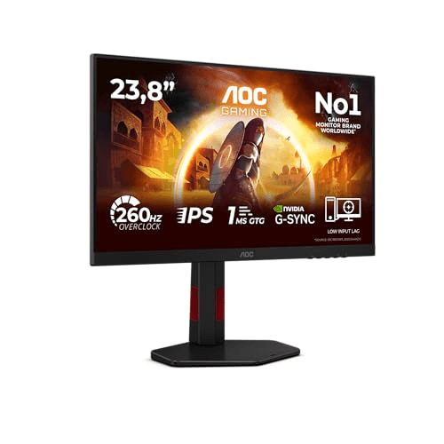 Oferta para el producto AOC 24G4ZR Gaming Monitor 24 Pulgadas 260Hz Panel Fast IPS, 1ms GtG, HDR10, Adaptive Sync, G-Sync Compatible, Altura Ajustable, (1920x1080 HDMI 2X 2.0 DP 1x 1.4) Negro para PC por solo 99€ Carátula de AOC 24G4ZR Gaming Monitor 24 Pulgadas 260Hz Panel Fast IPS, 1ms GtG, HDR10, Adaptive Sync, G-Sync Compatible, Altura Ajustable, (1920x1080 HDMI 2X 2.0 DP 1x 1.4) Negro para PC