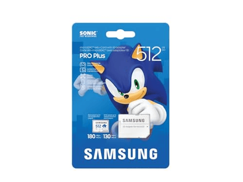 Carátula de Samsung Tarjeta microSD Sonic Pro Plus para Consola de Juegos, Tarjeta de Memoria 512 GB, UHS-I U3, Full HD y 4K UHD, hasta 180 MB/s, MB-MD512SA para Nintendo