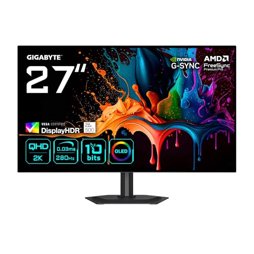 Carátula de GIGABYTE MO27Q28G Monitor Gaming OLED 27" QHD - 2560 x 1440, 280Hz, 0,03ms, 335 CD/m², Display HDR True Black 500, HDMI 2.1, DisplayPort 1.4 para Multiplataforma