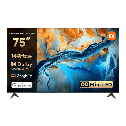 Carátula de XIAOMI TV S Mini 75", Diseño sin Bordes, Google TV, QD-Mini LED, 1200 nits de Brillo máximo, Alta tasa de refresco 4K de 144 H,Ultra Fluido para Gaming, Dolby Vision IQ & Dolby Atmos,Google Assistant