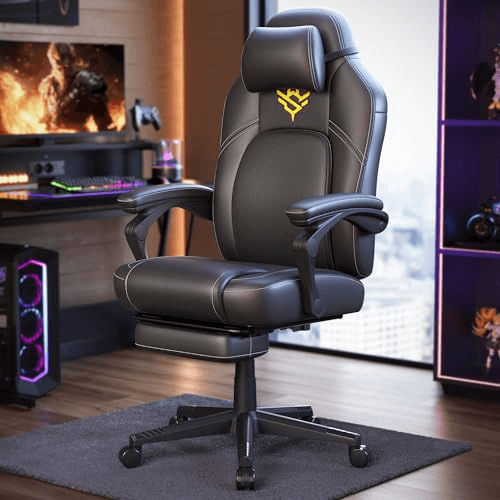 Carátula de SONGMICS HOME Silla de Juegos, Silla Racing Ergonómica para Ordenador con Reposapiés, con Reposacabezas, Cuero Sintético, Altura Ajustable, Negro Tinta OBG072B01 para Multiplataforma