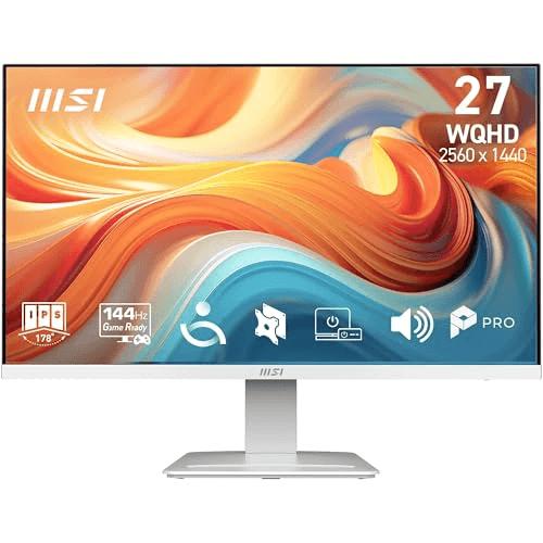 Carátula de MSI Pro MP273QW E14 Monitor de 27" WQHD, 2560 x 1440 IPS, 144 Hz, 1 ms, Compatible HDR, Adaptive-Sync, Eye Care, Altavoz Integrado, HDMI 2.0b, DP 1.2a, sin Marco, inclinación Ajustable, VESA, Blanco para PC